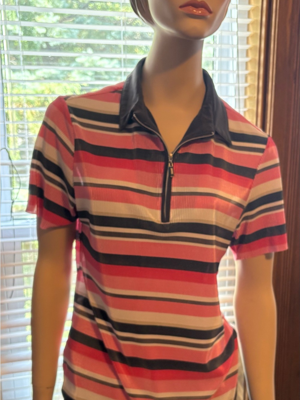 DKNY Pink, Black and Cream Striped Zip Polo Tee